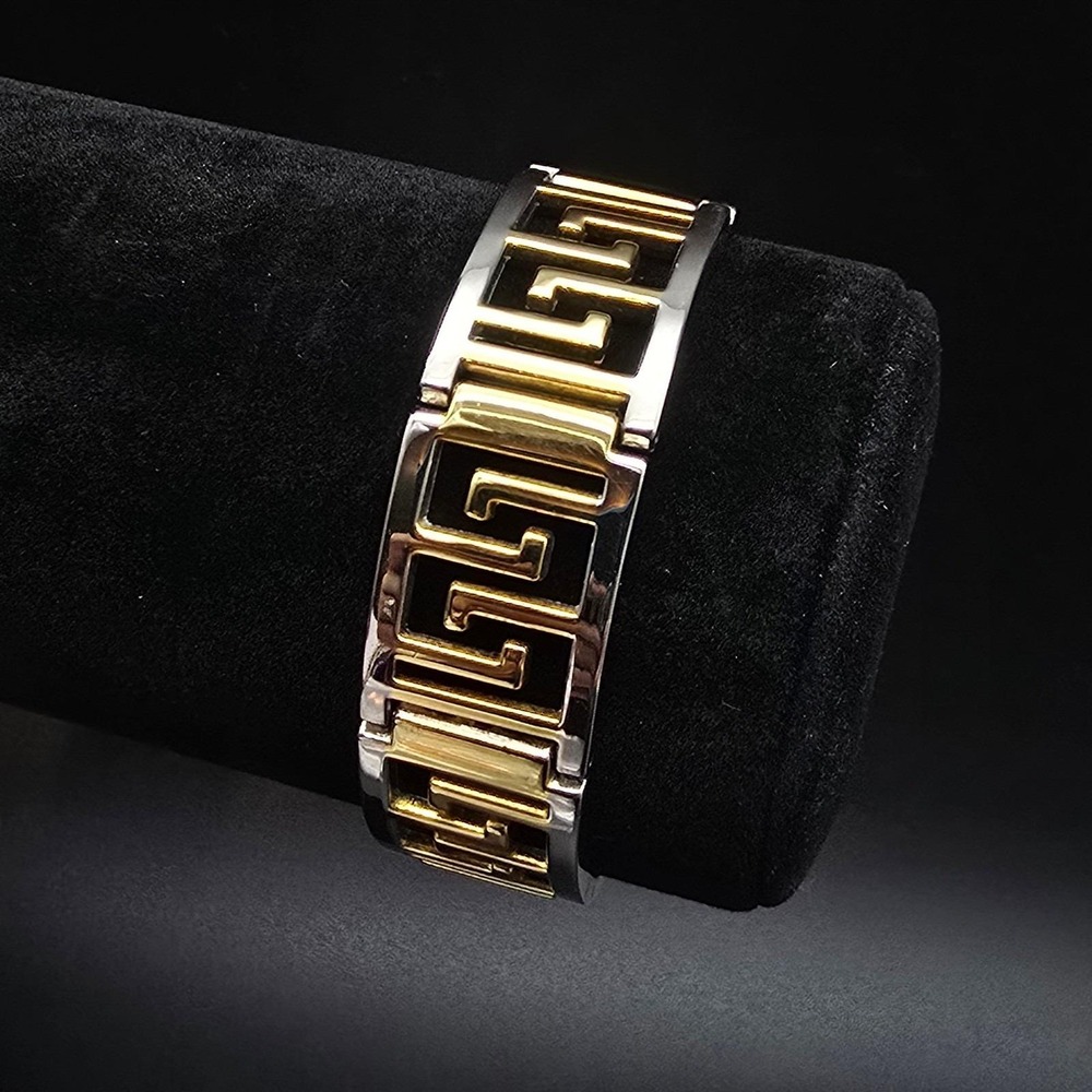 Two Tone Greek Key Bracelet Gold Tone Silver Tone Geometric Vintage 1990s